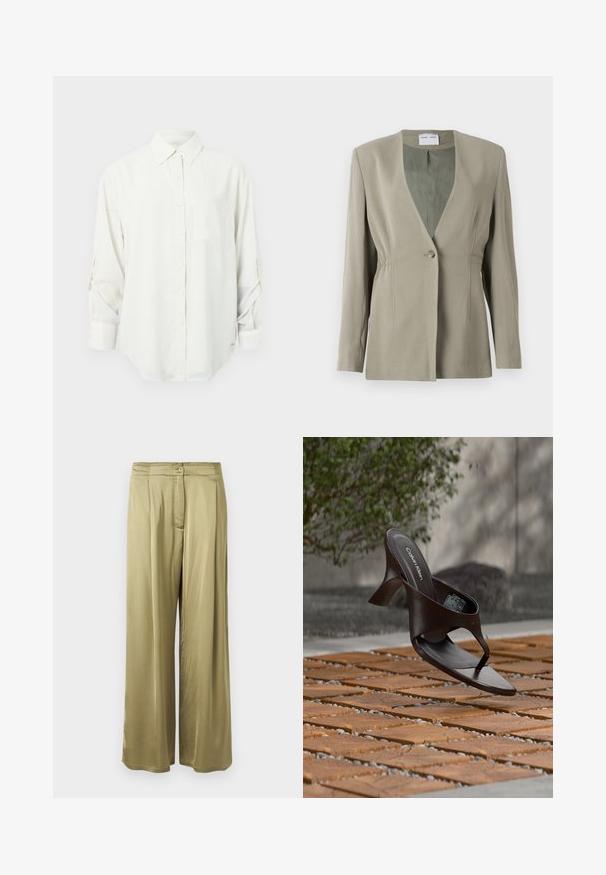 Blazer vert olive avec décolleté en V, fermeture à un bouton, coupe ajustée et manches longues. Texture lisse avec des détails de fronces discrètes sur les côtés.; Chemise blanche à manches longues avec col, poche poitrine unique et manches retroussées. Tissu doux et lisse avec une coupe décontractée.; Pantalons amples de couleur vert olive, fabriqués en tissu lisse, avec une fermeture à bouton à l'avant et des détails plissés à la taille.; Sandale à talon marron Calvin Klein suspendue au-dessus d'un sol extérieur en dalles de bois et gravier avec un arrière-plan flou de verdure et de pierres.