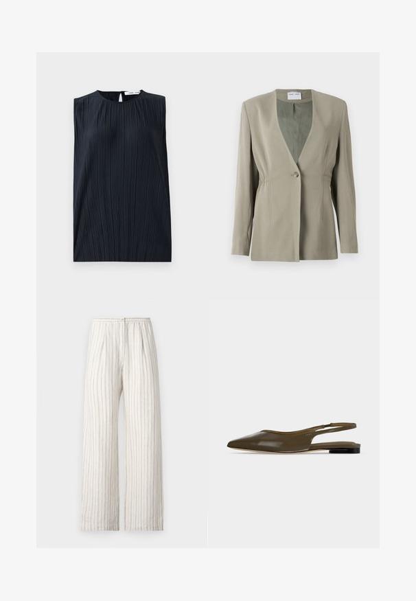 Blazer vert olive avec décolleté en V, fermeture à un bouton, coupe ajustée et manches longues. Texture lisse avec des détails de fronces discrètes sur les côtés.; Haut sans manches noir avec un col rond et un dos en trou de serrure. Présente des plis verticaux pour ajouter de la texture. Tissu lisse avec un léger éclat.; Samsøe Samsøe SATOVE TROUSERS - Pantalon classique - egret; Chaussure plate à bout pointu vert olive avec bride arrière, talon noir bas et finition lisse et brillante.