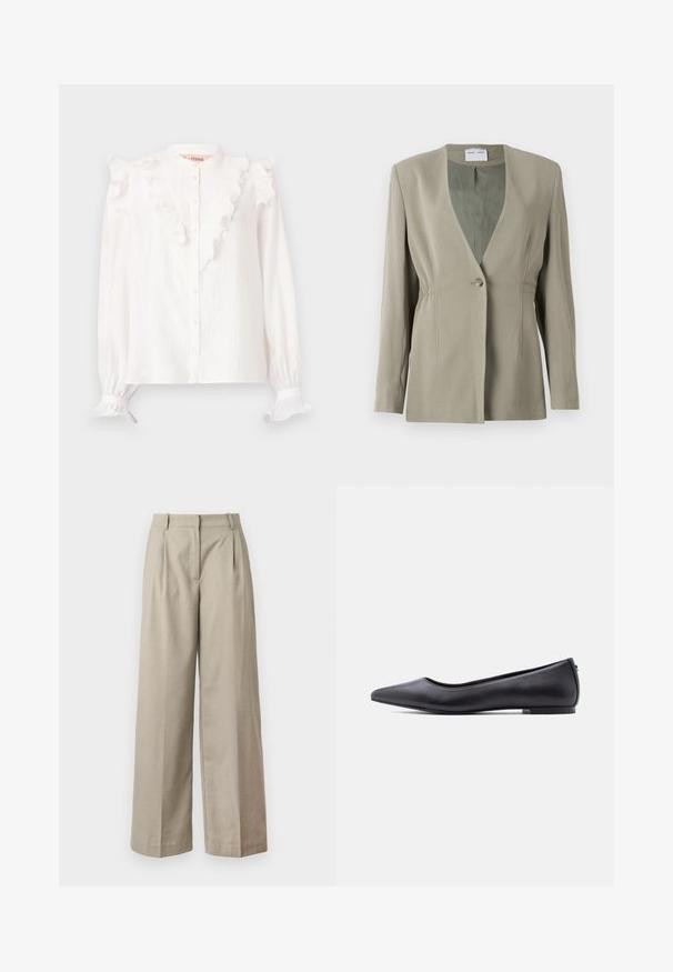 Oliven grøn blazer med v-udskæring, enkelt knaplukning, skræddersyet pasform og lange ærmer. Glat tekstur med subtile detaljer i sidefolder.; Hvid bluse lavet af letvægtigt stof, med en flæset front og manchetter, knaplukning og langeærmer.; Bage brede bukser lavet af glat stof, med en tætsiddende talje, læg og en løs pasform gennem benene. Enkel design og rene linjer.; Sort flad lædersko med spidst tåparti og lav hæl, vist i sideprofil mod en hvid baggrund.