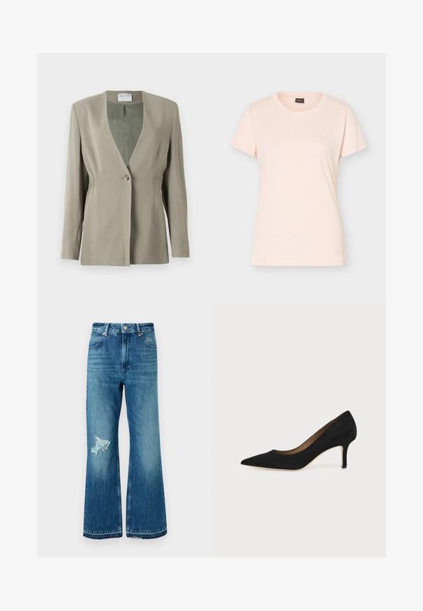 Olivgrüner Blazer mit V-Ausschnitt, einfacher Knopfverschluss, taillierter Passform und langen Ärmeln. Glatte Textur mit dezenten Seitenschräge-Details.; Hellrosa kurzärmliges T-Shirt mit Rundhalsausschnitt, kleinem geprägtem BOSS-Logo auf der linken Brust und schwarzem Etikett im Kragen.; Blaue, ausgestellt geschnittene Denim-Jeans mit ausgefranstem Saum und einem distressed Patch am linken Oberschenkel. Verfügt über ein klassisches Fünf-Taschen-Design und Metallknöpfe.; Schwarzer Wildleder-Pumps mit spitzer Schuhspitze, schlankem mittelhohem Stiletto-Absatz und tiefem Ausschnitt auf einfachem Hintergrund.