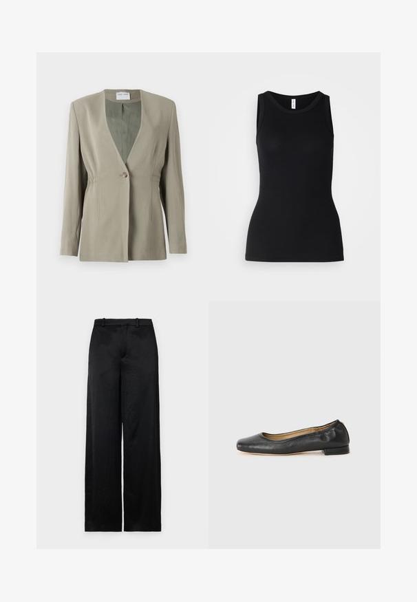 Blazer vert olive avec décolleté en V, fermeture à un bouton, coupe ajustée et manches longues. Texture lisse avec des détails de fronces discrètes sur les côtés.; Débardeur noir sans manches en tissu côtelé, avec un col rond et une coupe ajustée, à la texture douce et sans motifs.; Pantalons larges noirs en tissu léger et texturé. Dotés d'une taille lisse avec des passants de ceinture et d'une silhouette droite et fluide.; Ballerines en cuir noir avec un bout arrondi et des coutures minimales. Talon bas et rectangulaire avec une texture lisse. Détails subtils de doublure intérieure.