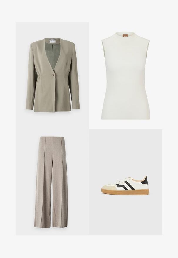 Blazer verde oliva con escote en V, cierre de un solo botón, corte entallado y mangas largas. Textura suave con sutiles detalles de fruncido lateral.; Top blanco sin mangas con un escote alto, que presenta una textura acanalada y un diseño ajustado. Etiqueta de la marca "BOSS" visible en el cuello.; Pantalones de pierna ancha beige, hechos de una tela texturizada con un patrón de espiga, con una cintura alta y pliegues prensados a lo largo de las piernas.; Zapatilla blanca con puntera beige, rayas negras laterales, suela marrón claro y diseño de corte bajo.