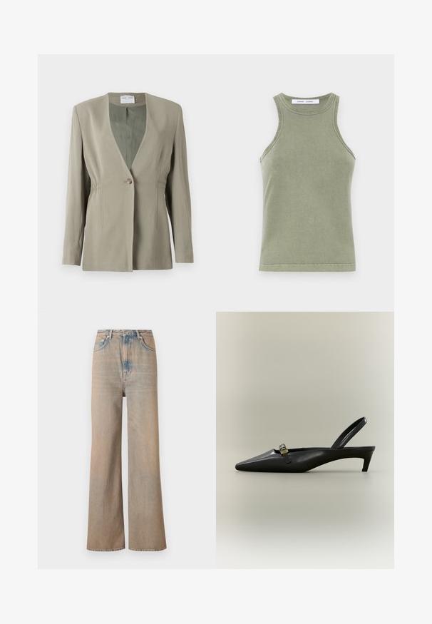 Olijfgroen blazer met een V-hals, enkele knoopsluiting, getailleerde pasvorm en lange mouwen. Zachte textuur met subtiele plooidetails aan de zijkant.; Olijfgroene tanktop van zachte katoen, met een ronde halslijn, mouwloos ontwerp en gestikte randen. Eenvoudige, getailleerde stijl.; Lichtgekleurde wijde jeans met een hoge taille, gemaakt van denim. Voorzien van subtiele stiksels en vijf zakken, met een licht vervaagde textuur.; Zwarte lederen slingback kitten heel met puntige neus en klein gouden gespsluiting op een effen achtergrond.