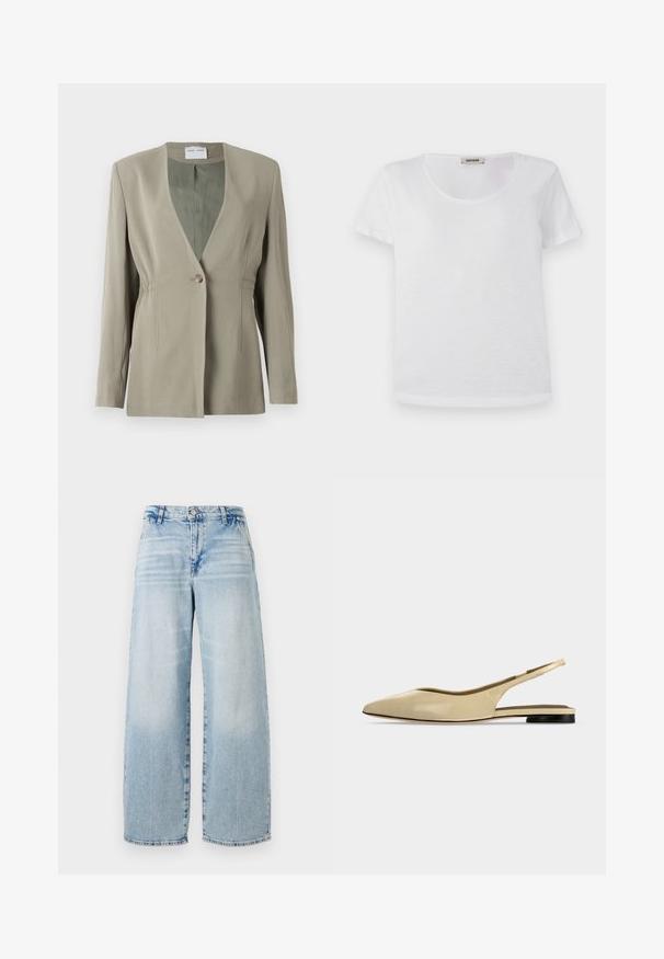 Blazer verde oliva con escote en V, cierre de un solo botón, corte entallado y mangas largas. Textura suave con sutiles detalles de fruncido lateral.; Camiseta blanca de manga corta, hecha de una tela suave, con cuello redondo y dobladillo recto, sin patrones visibles ni acentos.; Jeans de mezclilla azul claro de pierna ancha con una cintura alta, efecto de desgaste sutil, dobladillo sin terminar y diseño clásico de cinco bolsillos.; Zapato plano beige con puntera puntiaguda, diseño slingback, tacón bajo negro y acabado en cuero liso, mostrado de perfil sobre un fondo liso.