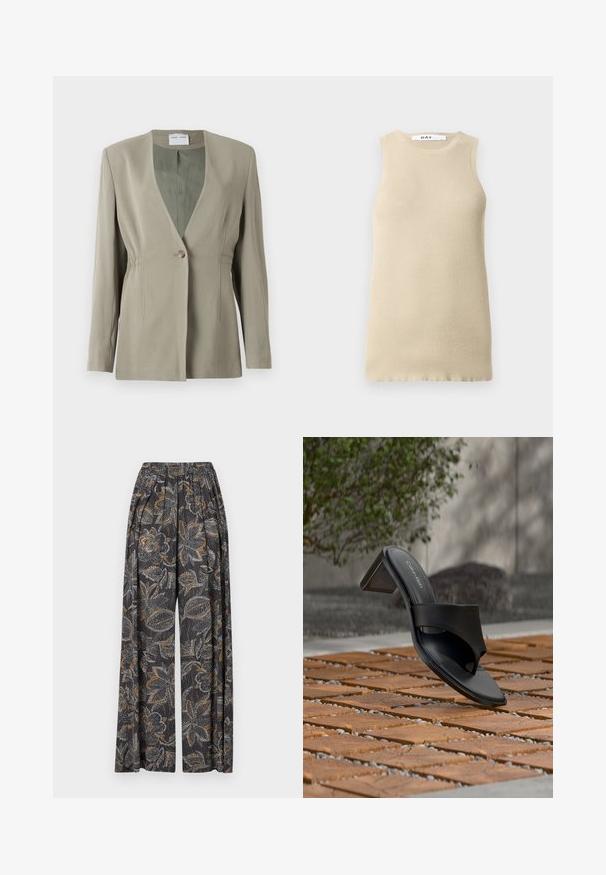 Blazer vert olive avec décolleté en V, fermeture à un bouton, coupe ajustée et manches longues. Texture lisse avec des détails de fronces discrètes sur les côtés.; Haut sans manches beige à côtes avec col rond, présentant une coupe ajustée et une texture lisse, idéal pour le superposé ou les temps chauds.; Pantalons à jambes larges avec un imprimé floral sombre comportant des motifs gris et orange complexes. La taille élastique ajoute confort et flexibilité.; Sandale à talon noire Calvin Klein avec boucle pour l’orteil, posée sur un sol en carreaux de bois en extérieur, près d’un arbre et d’un mur en pierre.