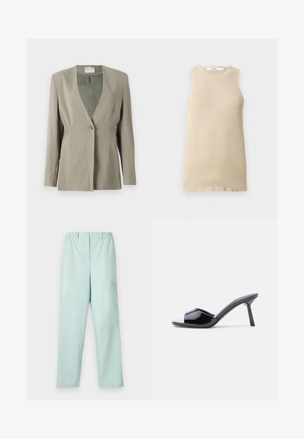 Blazer vert olive avec décolleté en V, fermeture à un bouton, coupe ajustée et manches longues. Texture lisse avec des détails de fronces discrètes sur les côtés.; Haut sans manches beige à côtes avec col rond, présentant une coupe ajustée et une texture lisse, idéal pour le superposé ou les temps chauds.; Pantalons vert menthe clair avec une taille élastique, une fermeture à bouton à l'avant, deux poches avant et des jambes droites. Texture de tissu lisse.; Sandales à talons ouverts en cuir verni noir, avec un design supérieur incurvé et un talon aiguille effilé. Finition lisse et brillante.