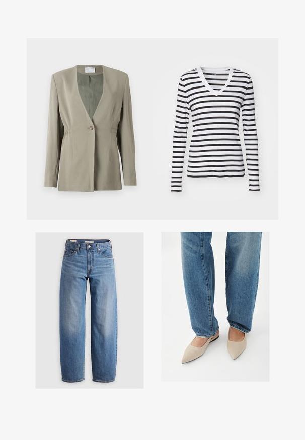 Oliven grøn blazer med v-udskæring, enkelt knaplukning, skræddersyet pasform og lange ærmer. Glat tekstur med subtile detaljer i sidefolder.; Langærmet V-hals T-shirt i sort og hvid lodrette striber, fremstillet af blødt stof med en tætsiddende design og kontrastfarvet halsudskæring.; Lysblå lige ben jeans lavet af denim. Har et klassisk fem-lomme design og subtile falmede områder langs benene.; Person iført blå jeans og beige spidse flade sko, stående på et hvidt gulv.