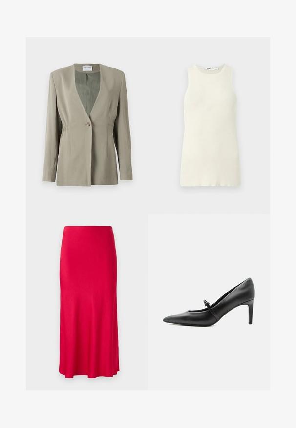 Blazer vert olive avec décolleté en V, fermeture à un bouton, coupe ajustée et manches longues. Texture lisse avec des détails de fronces discrètes sur les côtés.; Débardeur sans manches couleur crème en tissu côtelé, avec un col rond et une coupe près du corps. Aucun motif ni accent visible.; Jupe rouge de longueur midi en tissu lisse et extensible. Ajustée en haut avec un bas évasé et sans fermetures ni motifs visibles.; Escarpin noir en cuir à bout pointu avec une fine bride et une boucle sur le cou-de-pied, posé sur un fond clair neutre.