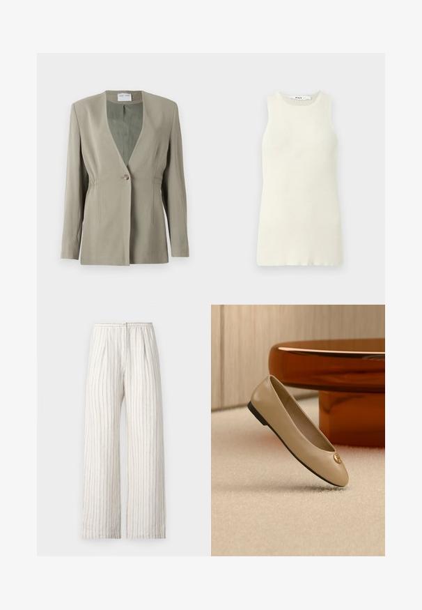 Blazer vert olive avec décolleté en V, fermeture à un bouton, coupe ajustée et manches longues. Texture lisse avec des détails de fronces discrètes sur les côtés.; Débardeur sans manches couleur crème en tissu côtelé, avec un col rond et une coupe près du corps. Aucun motif ni accent visible.; Samsøe Samsøe SATOVE TROUSERS - Pantalon classique - egret; Ballerine beige en cuir avec semelle noire et emblème doré sur l’orteil, positionnée sur un tapis crème à côté d’un meuble arrondi couleur ambre.