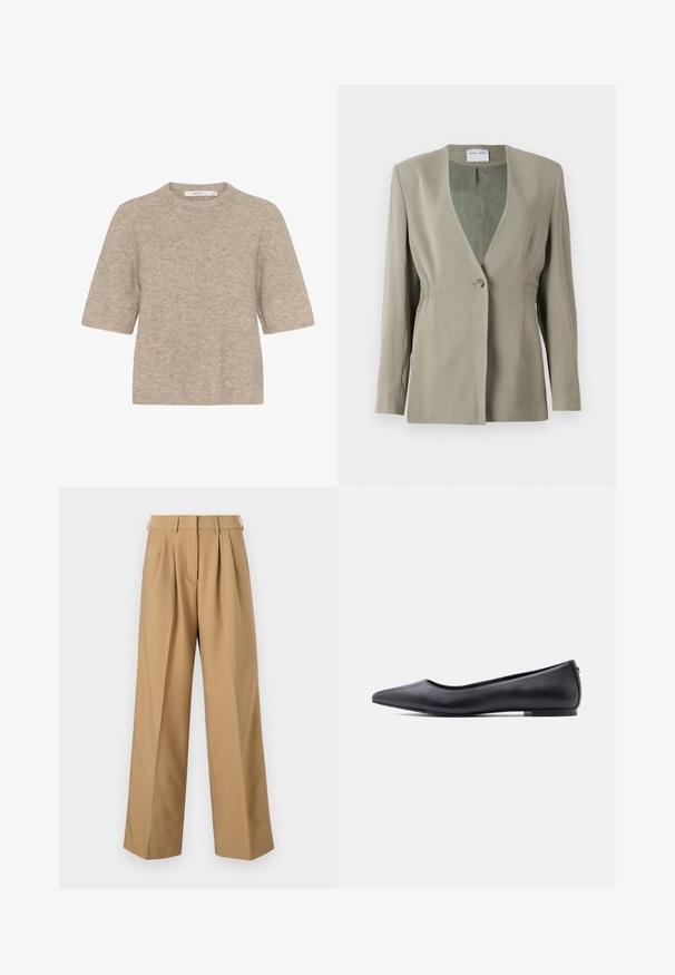 Olijfgroen blazer met een V-hals, enkele knoopsluiting, getailleerde pasvorm en lange mouwen. Zachte textuur met subtiele plooidetails aan de zijkant.; Beige korte mouwen trui gemaakt van zachte brei-stof, met een ronde halslijn en een relaxte pasvorm. De textuur is licht verweven.; Beige katoenen broek met een hoge taille, geplooide voorkant, wijde pijpen en een gladde textuur. Voorzien van een standaard tailleband en riemlussen.; Zwarte platte leren schoen met puntige neus en lage hak, zijaanzicht tegen een witte achtergrond.