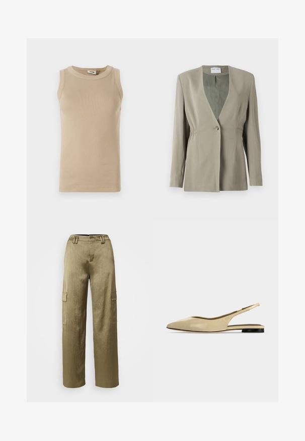 Blazer vert olive avec décolleté en V, fermeture à un bouton, coupe ajustée et manches longues. Texture lisse avec des détails de fronces discrètes sur les côtés.; Top sans manches beige en tissu côtelé avec un col rond, présentant des coutures ton sur ton et un design ajusté.; Pantalons cargo vert olive avec un design à jambes larges, présentant deux poches latérales, un tissu texturé et une taille ajustée avec passants de ceinture.; Chaussure plate beige à bout pointu avec bride arrière, petit talon noir et finition en cuir lisse, vue de côté sur un fond uni.