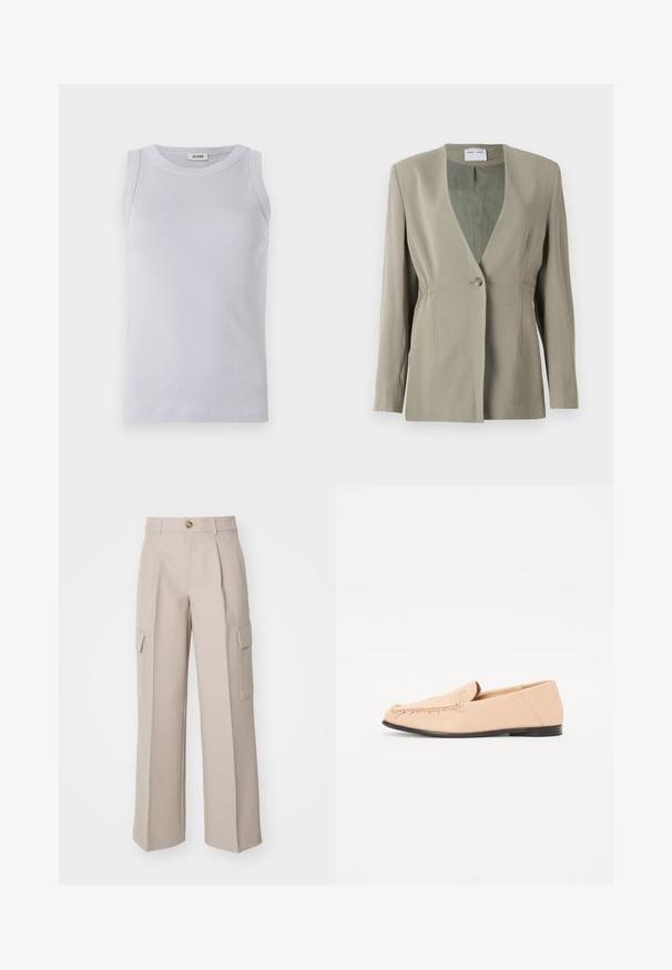 Oliven grøn blazer med v-udskæring, enkelt knaplukning, skræddersyet pasform og lange ærmer. Glat tekstur med subtile detaljer i sidefolder.; Lyseblå ribbet tanktop med en rund udskæring. Glat tekstur og ærmeløst design med et diskret mærke på udskæringen.; Beige brede bukser lavet af stof, med frontfolder og to sidecargo-lommer. Indeholder en frontknaplukning.; Beige læder loafers med syet detaljer, en flad sort sål og en rund tå. Minimalistisk design uden fremtrædende hardware eller accenter.