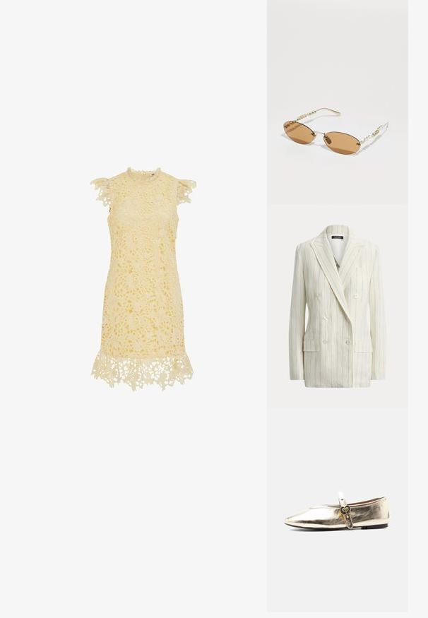 Blazer blanc croisé avec fines rayures verticales bleues, revers crantés, poches avant à rabat et six boutons blancs.; Robe sans manches en dentelle crème avec motifs floraux, ourlet volanté et petit détail à volants sur les découpes des épaules.; Chaussure plate Mary Jane dorée métallique brillante avec une boucle en forme de cœur sur la bride et une semelle noire sur fond blanc.; Des lunettes de soleil ovales avec des verres teintés marron, une monture en métal doré et des bras décoratifs en chaîne perlée. Les détails notables incluent un logo subtil.
