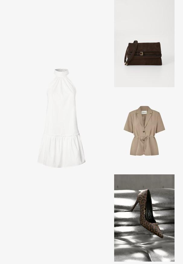 Beige blazer met korte mouwen, in notch-revers, twee knopen, tailleceintuur en voorzakken, gemaakt van licht gestructureerde stof.; Witte katoenen halterjurk met een geraffineerde halslijn en een uitlopende rijgzoom. Soepele textuur, mouwloos ontwerp en jurk die tot de knie reikt.; Hoge hak met puntige neus en luipaardprint, rustend op een glanzend, metallic zilver gestikt oppervlak.; Bruine suède clutch met een omslagontwerp, voorzien van een leren riemaccent, gouden gesp en een verstelbare schouderband.