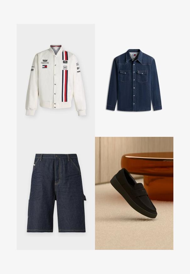 Valge võidusõidujope punaste ja mereväe vertikaalsete triipudega, hõbedaste trukkidega ja logodega, sealhulgas Cadillac, Tommy Hilfiger ja GM ees ja varrukatel.; Tumesinine teksariidest pikkade varrukatega särk ees klõpsnööpid, kaks rindade taskut klappidega ja terava kraega.; Tumedast sinisest denimist lühikesed püksid, otse lõikega, viie taskuga, kollaste õmblustega ja küljetaskuga lisafunktsioonideks.; Mustad libisev loafer paksu tallaga, mis rippub beeži vaiba kohal, taustal moodne pruun ümar laud.