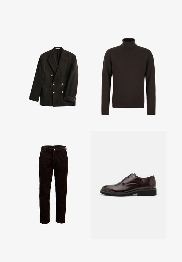 Blazer croisé marron foncé avec larges revers, boutons dorés, poche plaquée et petite étiquette sur le poignet de la manche gauche.; Pull à col roulé marron foncé à manches longues avec poignets et ourlet côtelés, en tissu tricoté doux.; Pantalon en velours côtelé noir pour homme avec passants de ceinture, bouton avant et poches latérales, présenté sur fond blanc.; Chaussure Oxford en cuir marron avec une finition brillante, bout rond, lacets, et une semelle en caoutchouc noir épaisse. Détail de couture sur le dessus.