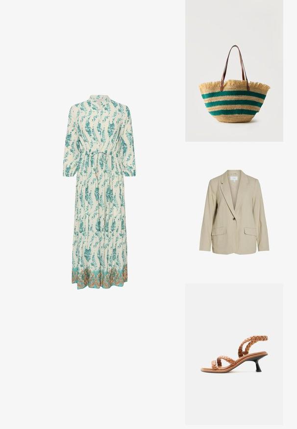 Lys beige blazer lavet af tekstureret stof. Har en enkelt knaplukning, spidse revers og to forlommer.; Lang, let kjole med blomsterprint i teal og hvid. Har en høj krave, lange ærmer og en dekorativ guldkant.; Tan farvet sandal med flettede læderremme og kort sort kittenhæle, vist i siden på hvid baggrund.; Flettet stråtaske med grønne vandrette striber, frynser i toppen og to brune læderremme til skulderen.