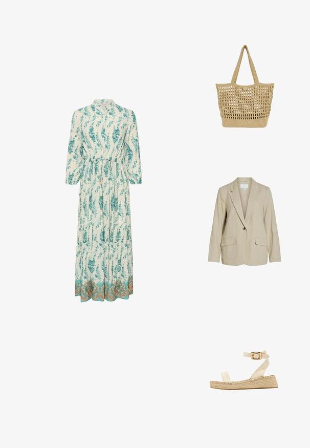 Hellbeige Blazer aus strukturiertem Stoff. Verfügt über einen Schließknopf, Reverskragen und zwei Fronttaschen.; Langes, leichtes Kleid mit floralem Muster in Türkis und Weiß. Es hat einen hohen Ausschnitt, lange Ärmel und einen dekorativen goldenen Saum.; South Beach TWO PART - Espadrille - cream; Beige gewebte Tragetasche mit offenem Strickmuster, festem Boden, zwei Schulterriemen und kleinem rundem Knopfverschluss oben in der Mitte.