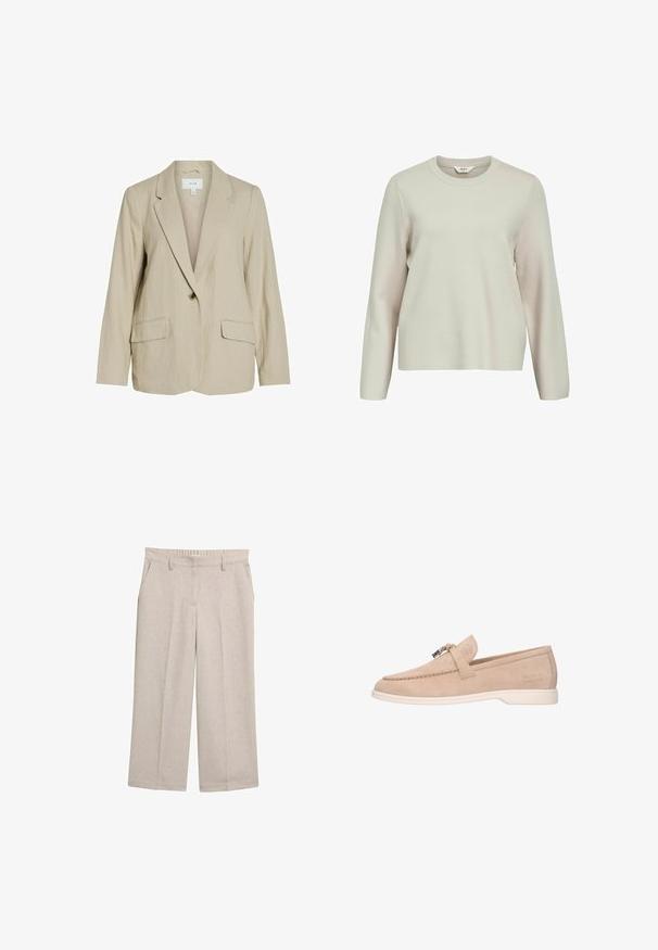 Lys beige blazer lavet af tekstureret stof. Har en enkelt knaplukning, spidse revers og to forlommer.; Lys beige langærmet sweater med rund hals. Lavet af struktureret strikmateriale, med let sænkede skuldre og afslappet pasform.; Lys beige, vidde benbukser i et struktureret stof, med frontlommer og en talje. Der er ingen mønstre eller udsmykninger synlige.; Beige ruskind slip-on loafer med hvid sål, metalspænde på toppen og "Melvin & Hamilton" præget på siden.