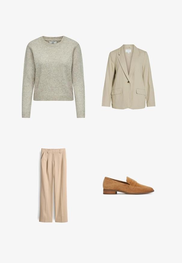 Lichtbeige blazer van gestructureerde stof. Heeft een enkel knoopsluiting, notch-lapels en twee voorzakken.; Lichtbeige vrouwen trui gemaakt van zacht gebreide stof, met een ronde halslijn en ribgebreide manchetten en zoom. Klassiek, recht gesneden ontwerp.; Beige hoge taille broeken met een rechte pasvorm, voorzien van twee zijzakken en voorvouwen. Gemaakt van een gladde, lichte stof.; Loafer van lichtbruine suède met een lage gestapelde hak en een brede riem over het wreef, zijaanzicht tegen een witte achtergrond.
