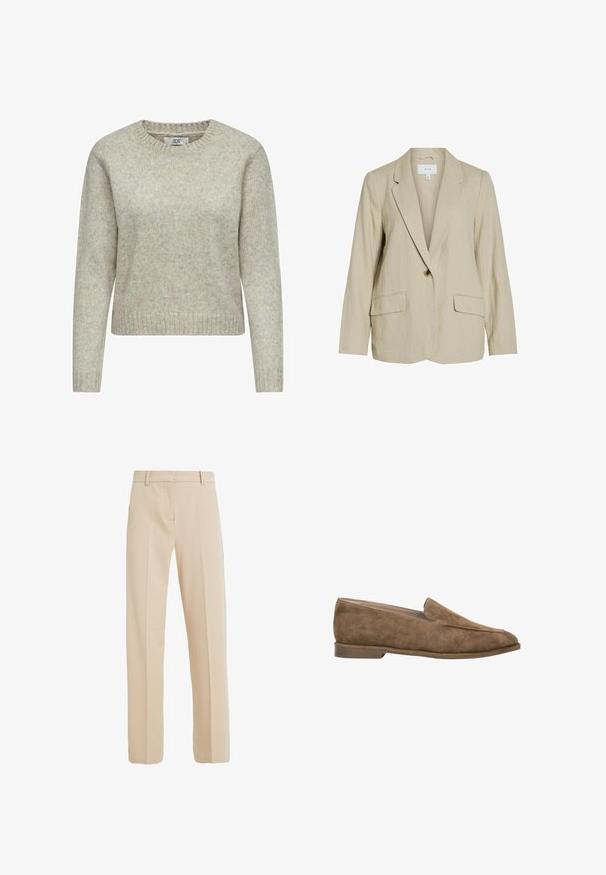 Blazer beige clair en tissu texturé. Dispose d'une fermeture à un seul bouton, de revers crantés et de deux poches avant.; Pull léger beige pour femmes en tricot doux, avec un col rond et des poignets et un ourlet côtelés. Design classique et coupe droite.; Pantalons beige ajustés en tissu lisse, avec une coupe droite, des poches latérales et des détails de pli à l'avant.; Mocassin en daim marron à enfiler avec petit talon et bout arrondi, vue de côté sur fond blanc.