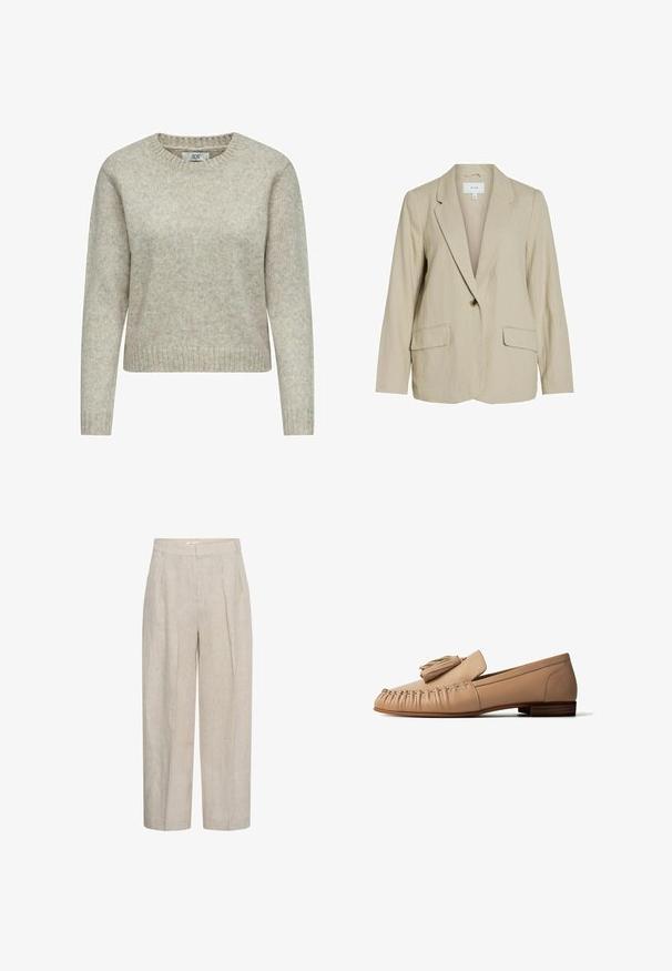 Blazer de color beige claro hecho de una tela texturizada. Cuenta con un cierre de un solo botón, solapas con muesca y dos bolsillos frontales.; Suéter de mujer en color beige claro, hecho de una suave tela de punto, que presenta un cuello redondo y puños y dobladillo de canalé. Diseño clásico de corte recto.; Pantalones beige de talle alto y pierna ancha con pliegues frontales y presillas para cinturón, confeccionados en una tela de lino texturizado.; Mocasín de cuero beige con detalle de borlas, costura estilo mocasín y tacón de madera bajo, mostrado de perfil sobre fondo blanco.