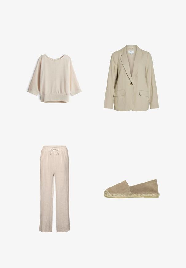 Lichtbeige blazer van gestructureerde stof. Heeft een enkel knoopsluiting, notch-lapels en twee voorzakken.; Lichtbeige, geribbeld sweater met een brede halslijn, 3/4 mouwen en een relaxed fit. Heeft een subtiele textuur en een afgeronde zoom.; Linnen broek in lichtbeige met een elastische tailleband en een trekkoord, met een relaxte pasvorm en rechte pijpen.; Beige suède instapper espadrille met een jute-wikkelde zool, met een platte silhoutte en zonder verdere versieringen.