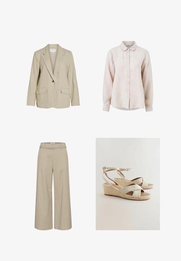 Lys beige blazer lavet af tekstureret stof. Har en enkelt knaplukning, spidse revers og to forlommer.; Lys beige linned skjorte med krave, lange ærmer og knaplukning foran. Har et subtilt struktureret mønster.; Bredde-bein bukser i lys beige stof med lodrette striber, med et matchende bælte og dekorative beslag i taljen.; Beige kilehæle sandaler med et overdel i stof og krydsende remme, en vævet jute-platform og en justerbar ankelrem. Glat sål.