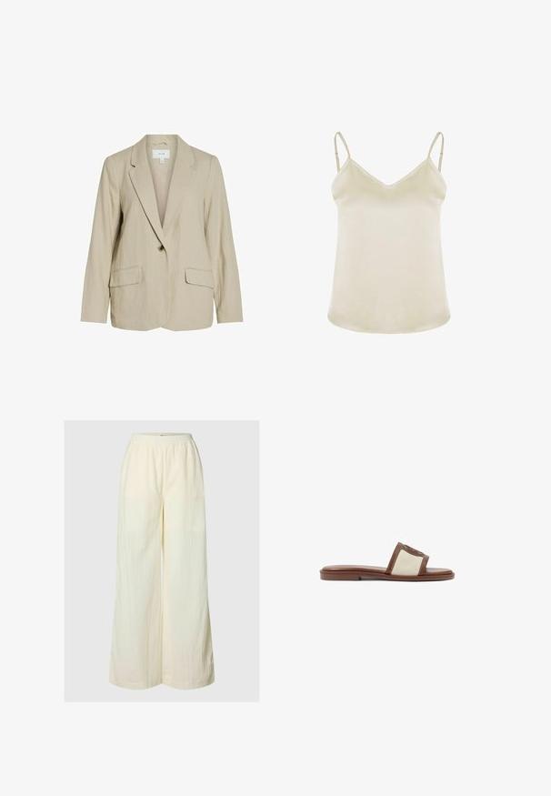 Lys beige blazer lavet af tekstureret stof. Har en enkelt knaplukning, spidse revers og to forlommer.; Lys beige camisole med V-udskæring, justerbare stropper og en glat, blød tekstur. Enkel design uden mønstre eller dekorationer.; Kremfarvede bukser med vide ben, elastik i taljen og et krøllet stof, vist mod en ensfarvet lys baggrund.; Brune læderslidesandal med en beige vævet overdel, flad sål og rund tå. Designet inkluderer en logoakcent på remmen.