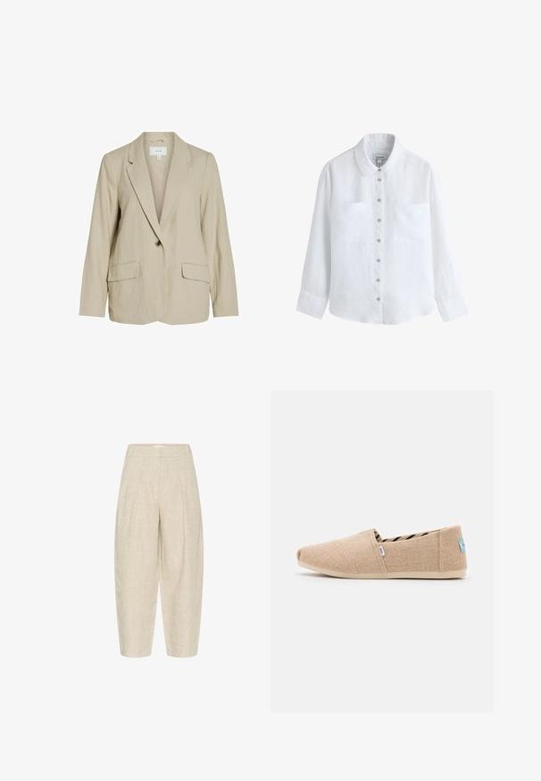 Lys beige blazer lavet af tekstureret stof. Har en enkelt knaplukning, spidse revers og to forlommer.; Hvid skjorte med lange ærmer, knapper, to brystlommer, klassisk krave og synlige knapper foran.; Beige linnedbukser med løs pasform, der har folder ved taljen, cropped længde, og et tekstureret, vævet stof.; Beige slip-on sko lavet af tekstureret stof med en rund tå og et stribet indvendigt mønster. Har en let sål og et logomærke.