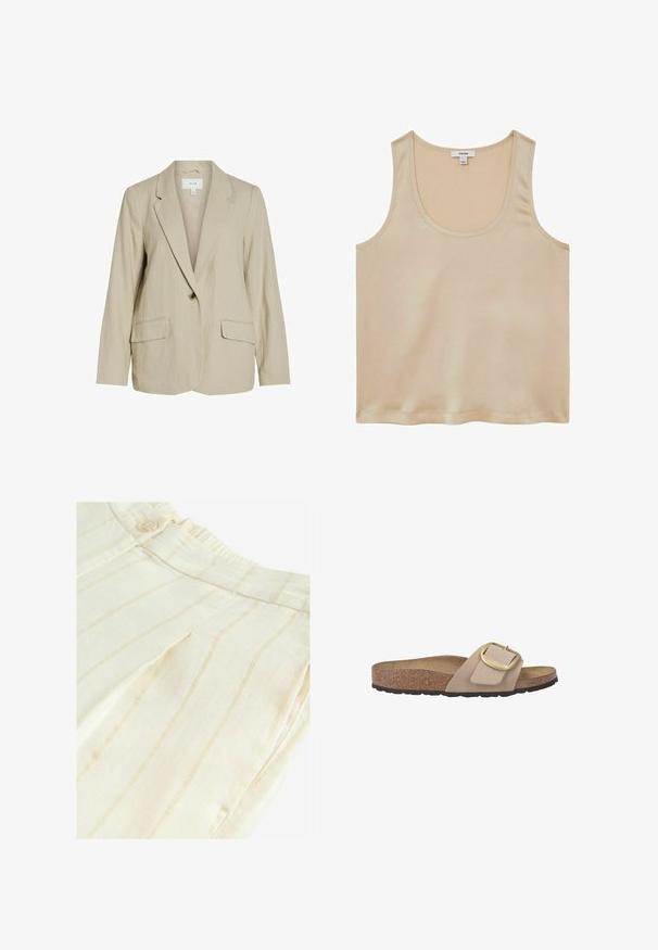 Lys beige blazer lavet af tekstureret stof. Har en enkelt knaplukning, spidse revers og to forlommer.; Reiss REGULAR FIT - Bluse - neutral; Krèmfarget stof med subtile vertikale striber i gult. Har en knaplukning og en elastisk talje. Blød tekstur, skræddersyet design.; Beige slidesandal med en korkfodersål, tekstureret gummisål og en stor guldtonet spændeaccent på en glat rem.