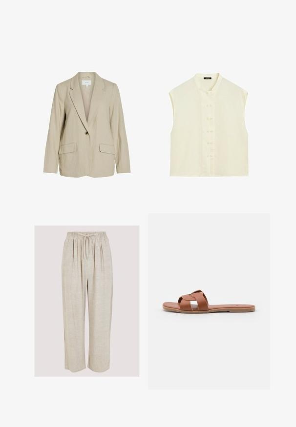 Lys beige blazer lavet af tekstureret stof. Har en enkelt knaplukning, spidse revers og to forlommer.; Ærmeløs offwhite bluse med mandarin-krave og frontstykke med to lodrette rækker af små knapper.; Beige linnedragter med bred ben-design, elastisk talje og snøre. Glat tekstur med subtile nubret gennem stoffet.; Brune flade slide-sandaler lavet af glat læder med et krydset remdesign, der har en flad sål og en minimalistisk stil.