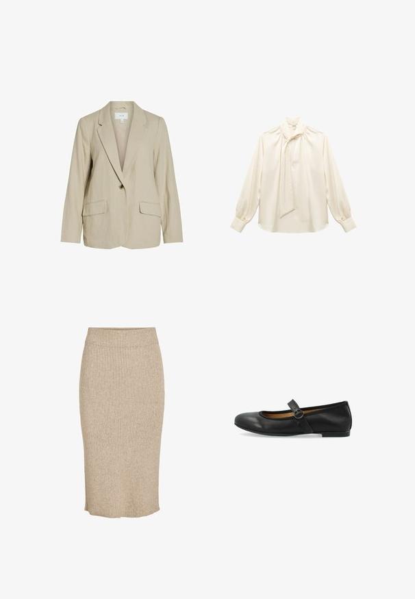 Lys beige blazer lavet af tekstureret stof. Har en enkelt knaplukning, spidse revers og to forlommer.; Cremefarvet bluse lavet af glat stof, med høj hals, bindebånd, lange blussede ærmer og samlet detaljer ved skuldrene.; Strik nederdel i en lys beige farve med lodret ribbestruktur, knælang med elastisk talje og lige skæring.; Sorte læder balletflade med en rund tå, en slim rem over vristen og en flad gummisål. Glat tekstur og klassisk design.