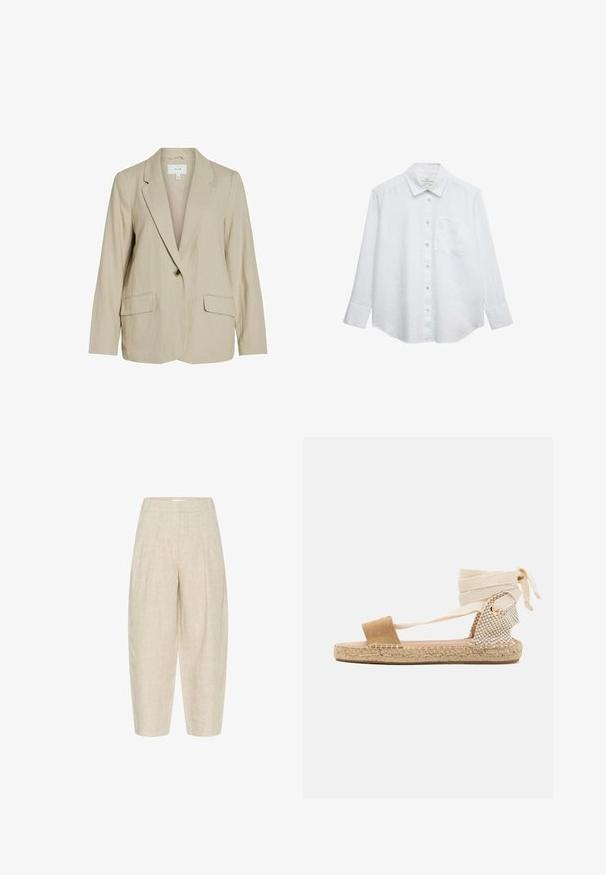 Blazer beige clair en tissu texturé. Dispose d'une fermeture à un seul bouton, de revers crantés et de deux poches avant.; Chemise blanche à manches longues, modèle à boutons, confectionnée en lin léger avec une poche poitrine et un ourlet légèrement incurvé.; Pantalons en lin beige à coupe ample, dotés de plis à la taille, d'une longueur cropped et d'un tissu texturé tissé.; Anna Field by Zalando LEATHER - Espadrilles - beige