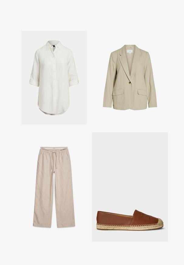 Lys beige blazer lavet af tekstureret stof. Har en enkelt knaplukning, spidse revers og to forlommer.; Hvid hørskjorte med knaplukning, lange ærmer rullet op, buet kant og klassisk krave. Diskret tekstur, blødt stof.; Beige bukser med vide ben, elastik i taljen og snøre, forlommer og lille "PEGADOR" logo på højre side.; Brune læder espadrille flade sko med en vævet jutesål, rund tå og prægede detaljer på overdelen. Glat tekstur med sammenhængende design.