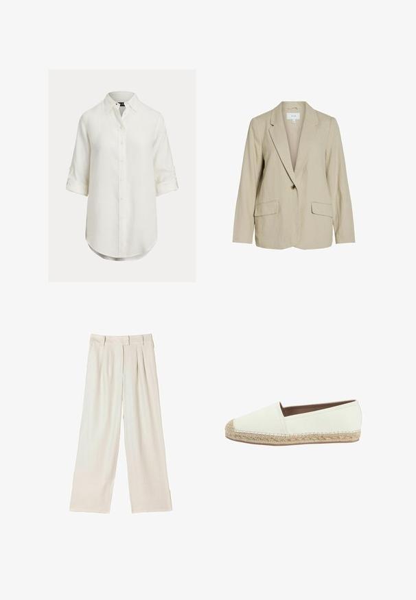 Hellbeige Blazer aus strukturiertem Stoff. Verfügt über einen Schließknopf, Reverskragen und zwei Fronttaschen.; Weißes Leinenhemd mit Knopfleiste, langen hochgekrempelten Ärmeln, geschwungenem Saum und klassischem Kragen. Dezente Textur, weicher Stoff.; Hose mit weitem Bein aus hellbeigem Stoff, vorne mit doppelten Falten und geradem Schnitt, mit glatter Textur und ohne sichtbare Beschläge.; Weiße Espadrille mit einem Obermaterial aus Canvas und einer beigefarbenen, gewirkten Jutesohle. Sie hat eine runde Zehenform und gestickte Details entlang der Kante.