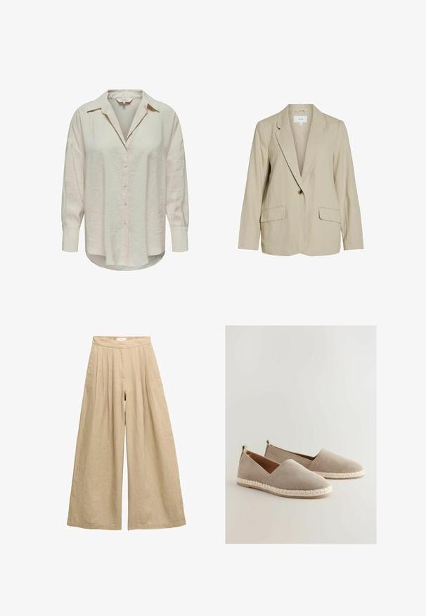 Lys beige blazer lavet af tekstureret stof. Har en enkelt knaplukning, spidse revers og to forlommer.; Lys beige skjorte med knapper og krave, lange ærmer og et let struktureret stof. Har en buet kant og knapper foran.; Beige, hørbukser med højtaljet og vide ben med læg ved taljen og skjult frontlukning.; Beige ruskind slip-on sko med en vævet jutesål, der har et lavt snit og en lille hælaccents på bagsiden.