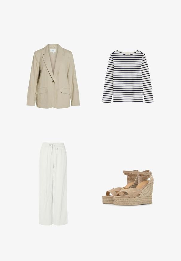 Blazer beige clair en tissu texturé. Dispose d'une fermeture à un seul bouton, de revers crantés et de deux poches avant.; Chemise blanche à manches longues avec des rayures horizontales bleu marine et un col rond, étalée à plat sur un fond blanc.; Pantalons à jambes larges de couleur gris clair, fabriqués en tissu doux et texturé. Dotés d'une taille élastique avec un cordon de serrage pour un ajustement réglable.; Sandales compensées beiges avec talons plateforme tissés, brides croisées sur les orteils et brides de cheville ajustables avec boucles.