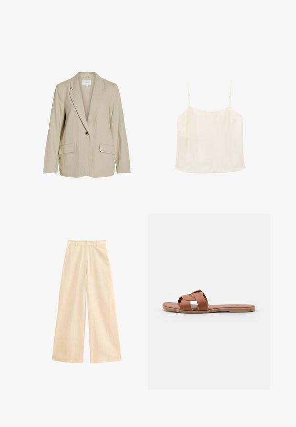 Blazer de color beige claro hecho de una tela texturizada. Cuenta con un cierre de un solo botón, solapas con muesca y dos bolsillos frontales.; Top de camisola sin mangas de color crema con tirantes finos ajustables y escote recto sobre un fondo blanco.; Pantalones de pierna ancha en color beige, fabricados con un material ligero. Cuentan con una cintura alta, cierre de cremallera y bolsillos frontales. Textura suave con un brillo sutil.; Sandalias planas marrones hechas de cuero suave con un diseño de tiras cruzadas, que cuentan con una suela plana y un estilo minimalista.