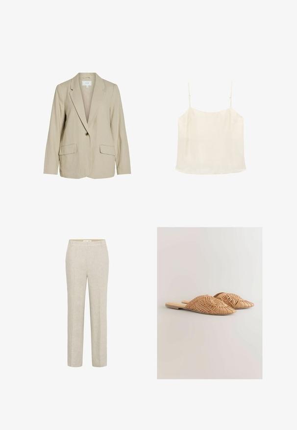 Lichtbeige blazer van gestructureerde stof. Heeft een enkel knoopsluiting, notch-lapels en twee voorzakken.; Crèmekleurig mouwloos camisettopje met dunne verstelbare bandjes en een rechte halslijn op een witte achtergrond.; Licht beige linnen broek met een rechte snit, voorzien van een platte voorkant, zijzakken en strakke lijnen voor een minimalistisch ontwerp.; Geweven leren slidesandalen in lichtbruin, met een oversized geweven bovenkant en een platte zool. De spitse neus zorgt voor een strakke uitstraling.