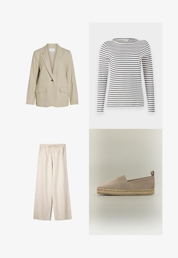 Blazer beige clair en tissu texturé. Dispose d'une fermeture à un seul bouton, de revers crantés et de deux poches avant.; Chemise à manches longues rayée en tissu doux, avec des rayures horizontales bleu marine et blanches, un col rond et une coupe ajustée.; Pantalons larges beiges en tissu léger avec une taille élastique et un cordon de serrage. Ils possèdent des poches latérales et une silhouette fluide.; Espadrille beige à enfiler avec une semelle en jute tissé, bande élastique sur le dessus avec le nom de la marque embossé, et une languette en tissu au talon.