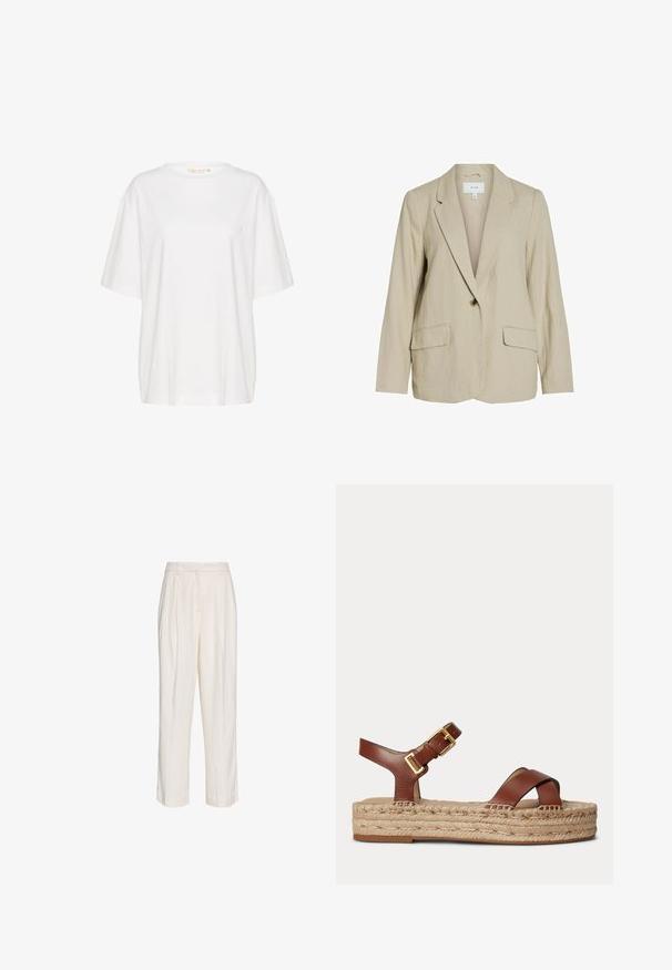 Blazer de color beige claro hecho de una tela texturizada. Cuenta con un cierre de un solo botón, solapas con muesca y dos bolsillos frontales.; Camiseta de manga corta blanca, confeccionada en algodón suave. Presenta un escote redondo y un discreto detalle de logo en el lado izquierdo del pecho. Diseño de corte recto.; Pantalones blancos de talle alto, confeccionados a medida, con pinzas, trabillas para cinturón y piernas rectas, mostrados sobre un fondo blanco liso.; Sandalia marrón de cuero con correa ajustable con hebilla dorada y plataforma trenzada de yute sobre un fondo liso y claro.