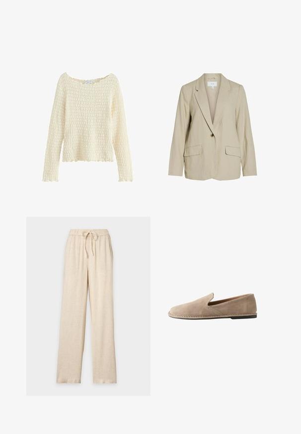 Blazer beige clair en tissu texturé. Dispose d'une fermeture à un seul bouton, de revers crantés et de deux poches avant.; Pull créme texturé à manches longues et à encolure large. Présente un motif tricoté et un ourlet festonné. Fabriqué en matériau doux.; Pantalon beige large avec taille élastique et cordon de serrage, fabriqué dans un tissu léger texturé.; Mocassin beige en daim à enfiler, avec bout arrondi, petit talon plat, semelle cousue et soufflet élastique latéral pour un enfilage facile.