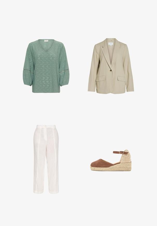 Blazer beige clair en tissu texturé. Dispose d'une fermeture à un seul bouton, de revers crantés et de deux poches avant.; Kaffe KATYRA V - Blouse - green bay cc; Pantalons en lin blancs à coupe droite, avec une fermeture à bouton sur le devant et deux coutures verticales pour plus de détails. Texture lisse.; Espadrille compensée en tissu marron avec boucle de bride à la cheville et talon ainsi que plateforme en jute tissé, vue latérale en angle sur fond blanc.
