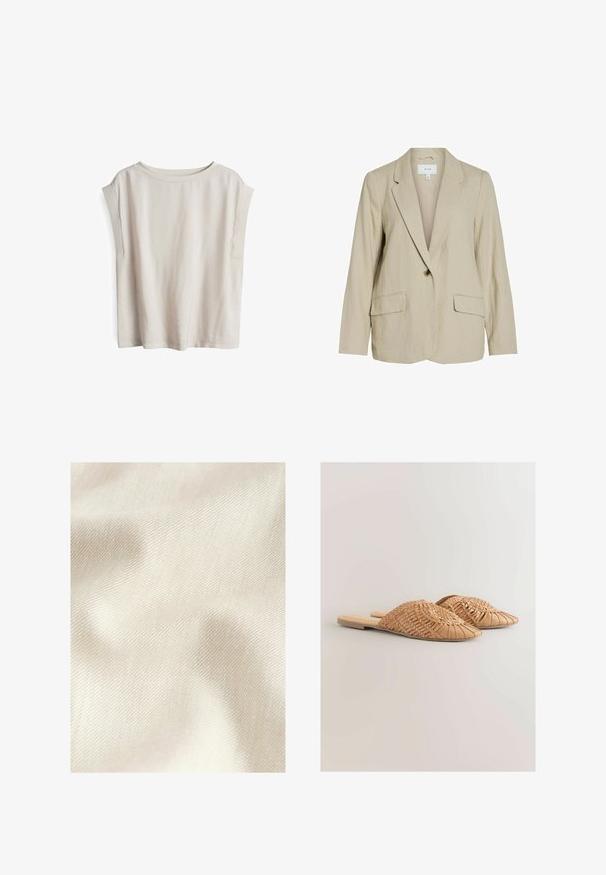 Hellbeige Blazer aus strukturiertem Stoff. Verfügt über einen Schließknopf, Reverskragen und zwei Fronttaschen.; Kurzärmliges, hellbeiges Oberteil aus weichem Stoff, mit weitem Ausschnitt und herabgesetzten Schulternähten, in lässiger Passform und minimalistischem Design.; Glatter, leicht zerknitterter cremefarbener Stoff mit diagonaler feiner Rippstruktur, Nahaufnahme.; Geflochtene Ledersandalen in hellbraun, mit einem übergroßen geflochtenen Obermaterial und flachem Absatz. Die spitze Zehenpartie sorgt für einen eleganten Look.