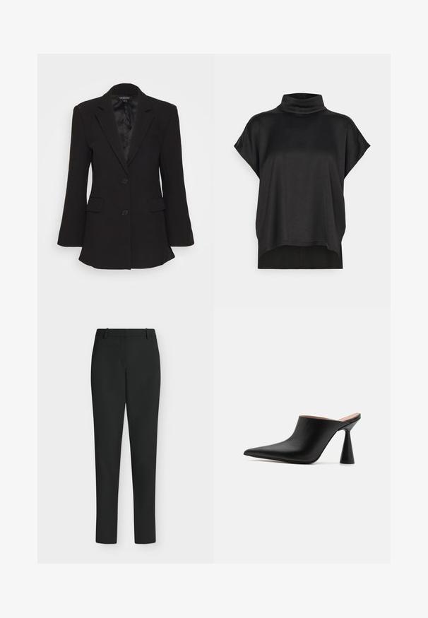 Mossman QUIET RENEWAL - Blazer - black; Sort kortærmet top med en mock turtleneck. Blødt, glat stof med en løs drapering og en lige kant. Minimalistisk design, uden dekorationer.; Sorte, tætsiddende bukser med bæltestropper, forlynlås og lige ben, vist mod en hvid baggrund.; Sorte lædermules med spids tå og en unik kegleformet hæl. Glat tekstur og minimalistisk design, åben bagside for nem påtagning.