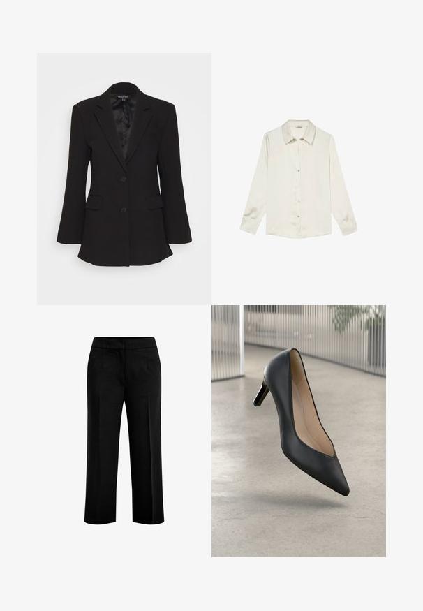 Mossman QUIET RENEWAL - Blazer - black; Lysegult skjorte med knapper, krave, lange ærmer og glat, let tekstureret stof. Har en række knapper ned ad fronten.; Sorte, brede bukser lavet af et glat stof med to forlommer og en flad talje. Skræddersyet design med en ren silhuet.; Sort læderhøjhælet sko med spidse tæer og en strømlinet silhuet, der har en lav hæl og et blødt indre foder.