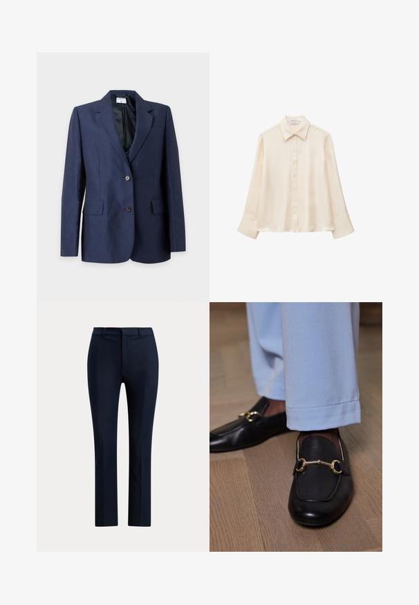 Blazer bleu marine ajusté avec revers crantés, deux boutons devant, poches à rabat et doublure intérieure noire, présenté sur fond blanc.; Chemisier en soie crème à manches longues avec col pointu et fermeture à boutons devant, présenté sur fond blanc uni. Aucun motif ou dessin visible.; Pantalon droit bleu marine foncé sur mesure avec passants de ceinture et fermeture éclair devant, sur fond blanc.; Mocassins en cuir noir avec un détail en métal doré portés avec un pantalon bleu clair sur un sol en bois.