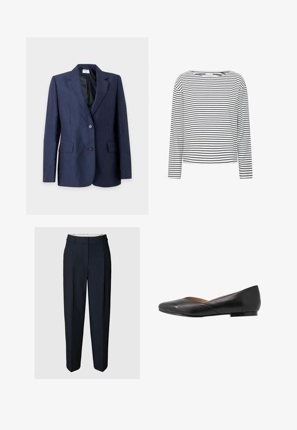 Marineblauwe op maat gemaakte blazer met inkeping revers, twee voorste knopen, klepzakken en zwarte voering, weergegeven tegen een witte achtergrond.; Langsleeve top met een bootnek, gemaakt van zachte stof met marineblauwe en witte horizontale strepen. Rechte snit en minimale details.; Zwarte op maat gemaakte formele broek met voorvouw en ceintuurlussen, weergegeven op een neutrale lichte achtergrond.; Zwarte leren platte schoen met een spitse neus, lage hak en een iets open bovenwerk ontwerp. Gladde textuur met minimale stikdetails.