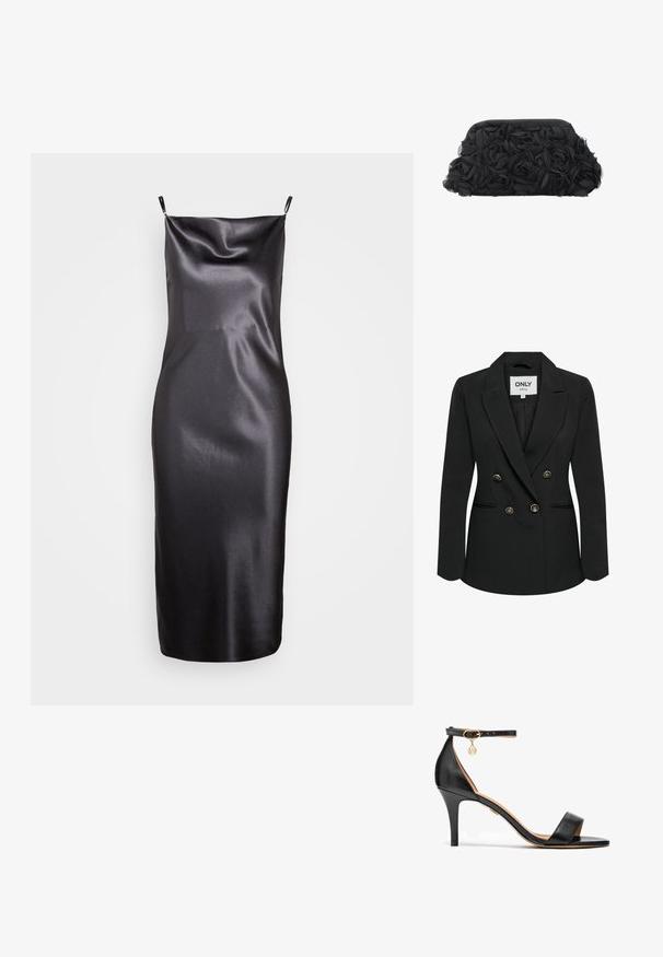 Dobbeltradet sort blazer lavet af glat stof, prydet med detaljer i guldknapper, en raglanflip og skræddersyet pasform med sidelommer.; Samsøe Samsøe FREDERICKA LONG DRESS - Cocktailkjole / festkjole - ombre dark; Sort læder højhælede sandaler med en enkelt rem over tæerne, ankelrem, gul hardware og en slank stilettohæl.; Sort stofclutch pyntet med lagdelte rosenblade, med en struktureret topramme og afrundede kanter.